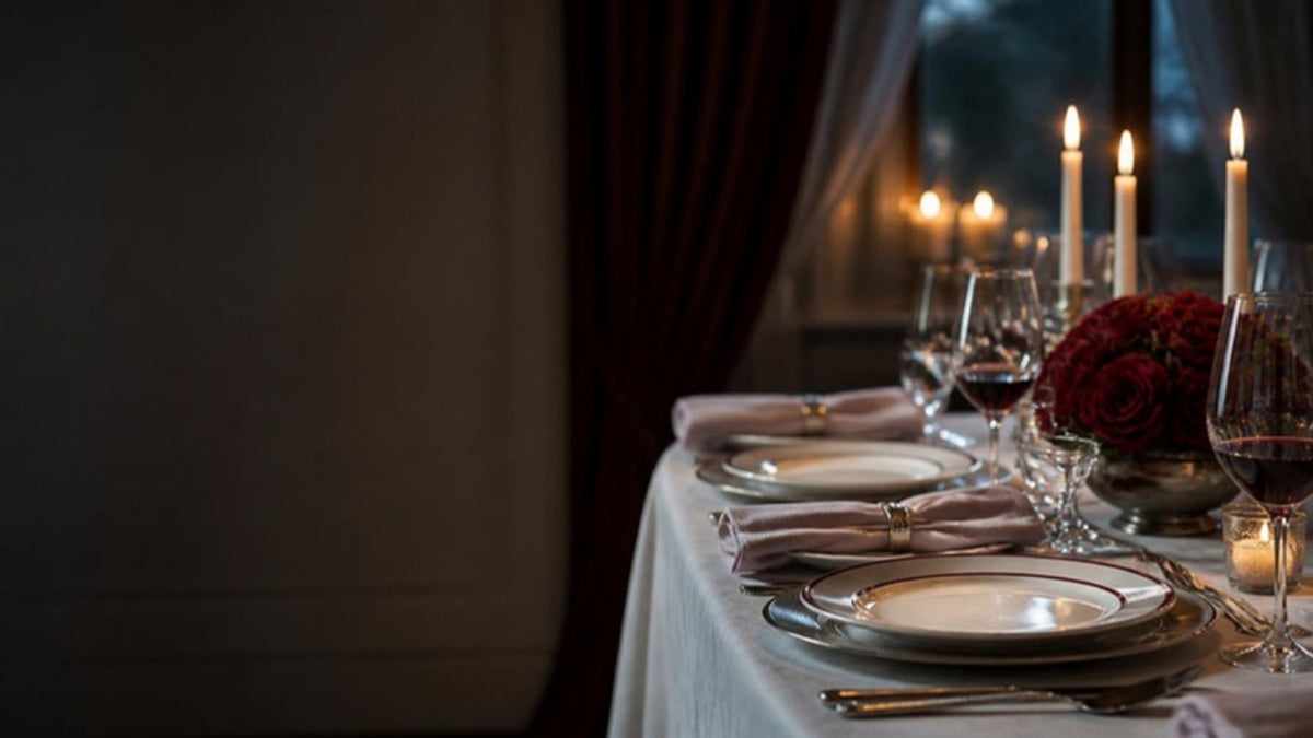 Candlelit dinner table set with claret rimmed bone china, crystal and silver